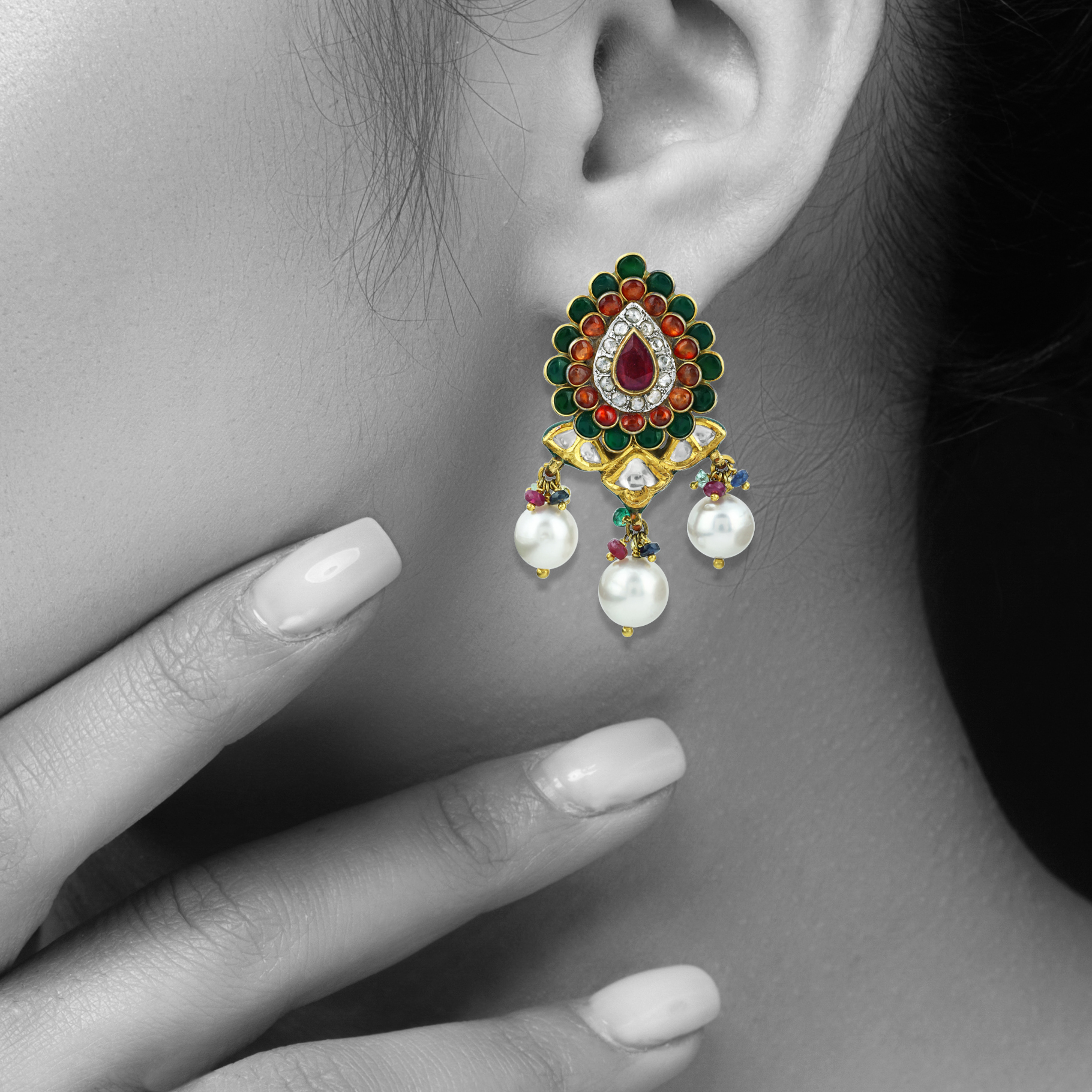 Teardrop Earrings with Polki, Gemstone Talaf, and Pearl Drops